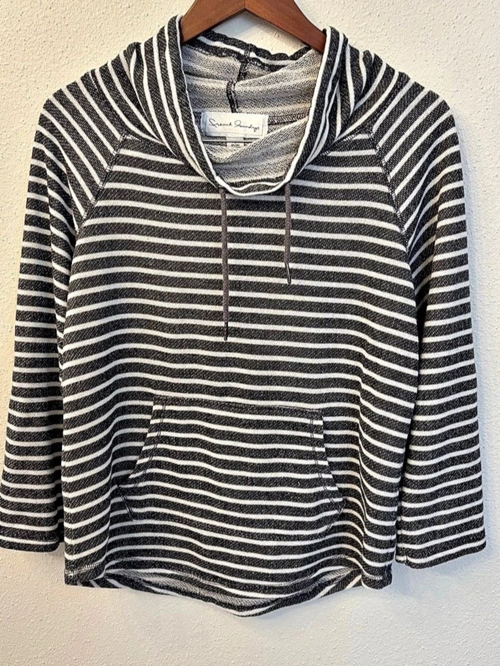 French Laundry Striped Cowl Neck Hoodie Black White Small